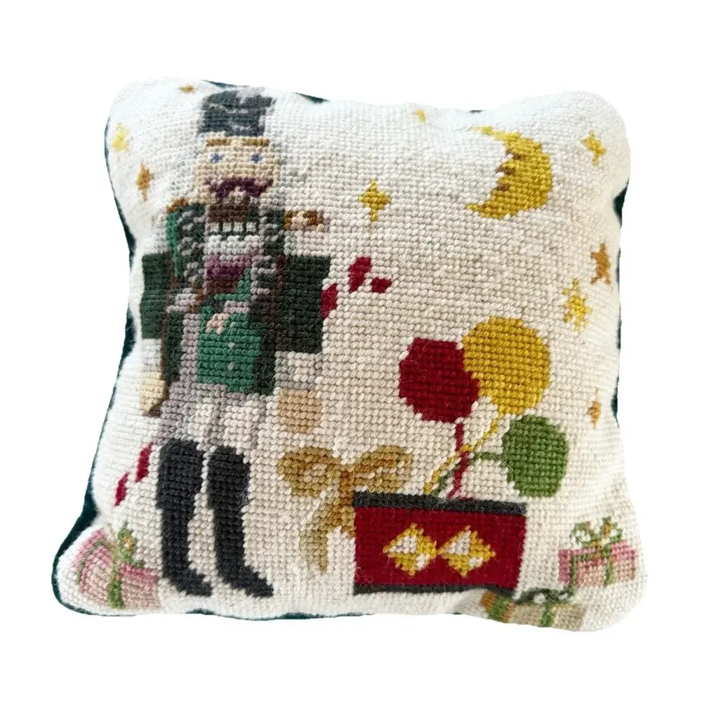 Needlepoint Nutcracker Mini Pillow 8” 8” Green Velvet Back‎ Christmas Decor